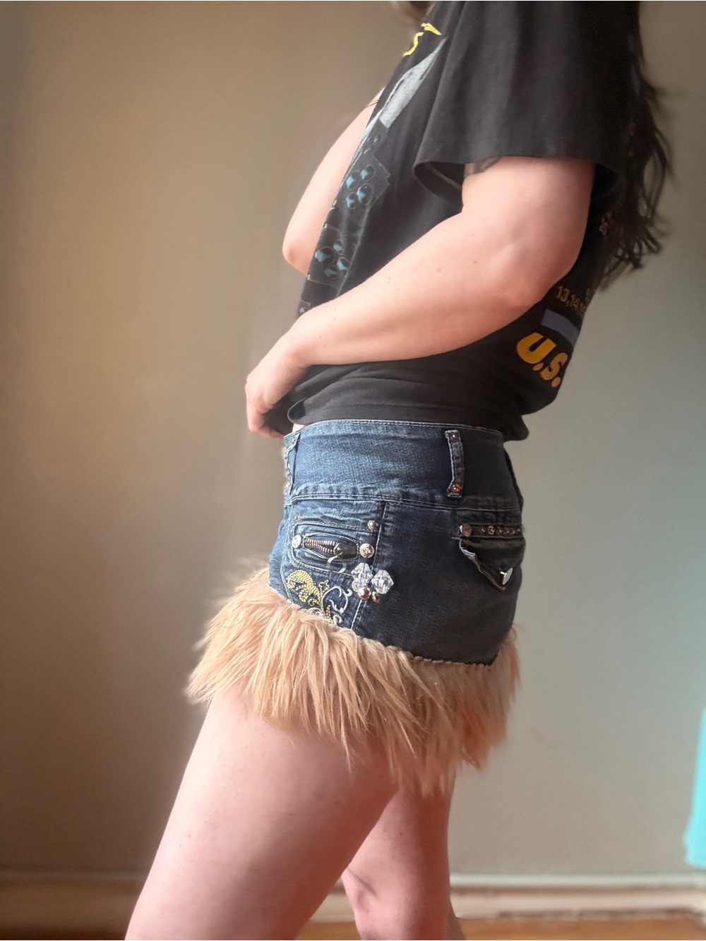 Vintage Y2K Fur Trim Micro Mini Skirt | Embellished Low Rise Denim skirt | M - Picture 3 of 10
